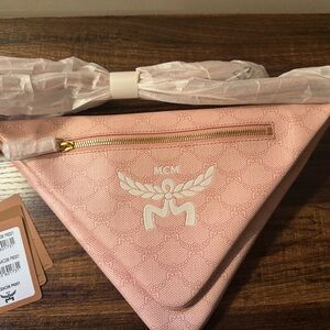 MCM Pink Triangle Clutch with Gold Accents